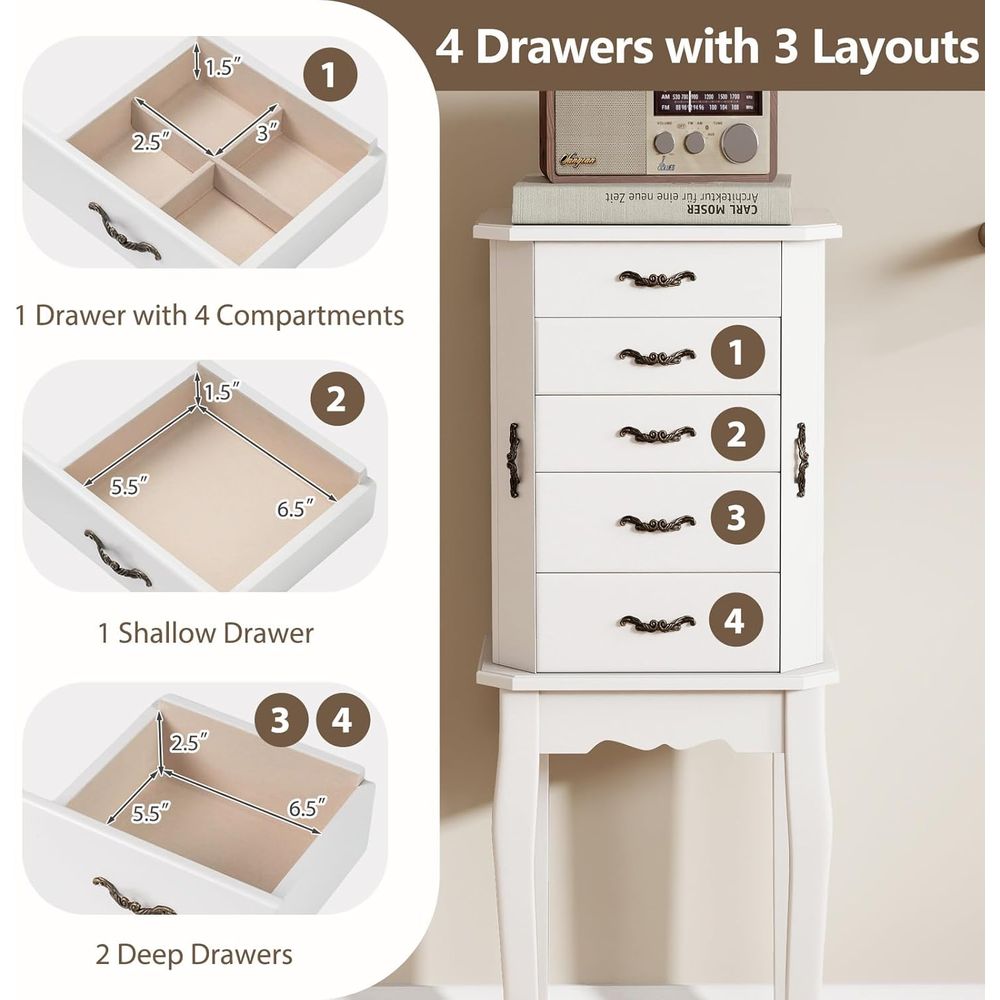 White Standing Jewelry Armoire - огляд і ціна Drawer Organizer Tray